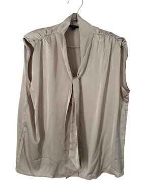 Ann Taylor Blouse Size Medium Sleeveless Tie Neck Satin Beige Neutral Officewear